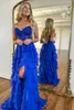 Party Dresses 2024 Beautiful Light/Royal Blue A-Line Sweetheart Strapless Long Lace And Chiffon Prom Dress With Slit