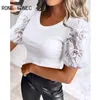 Women's Blouses Women Chic Solid Round Neck Short Sleeves Lace Patchwork Bodycon Sexy White Blouse Tops