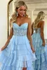 Party Dresses 2024 Beautiful Light/Royal Blue A-Line Sweetheart Strapless Long Lace And Chiffon Prom Dress With Slit