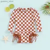 One-Pieces 6M-4T Girls Bikini Beach Swimsuit Long Sleeved Checkerboard Lace Printed Ruffle Edge Swimsuit Y240412