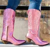 Cowboy Pink Cowgirl Boots for Women Zip Broidered pointu Point Toe talon Mid Chalf Bottes Western Chaussures Shinny 2208088792911