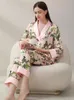 Roupas em casa Mulheres de seda floral rosa de pijamas de comprimento completo conjunto de pijamas de luxo