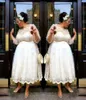 Lace Plus Size Short Wedding Dresses 2018 Tea Length A Line Bridal Gowns Illusion Long Sleeves Women Wedding Vestidos Custom Made 3211618