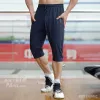 Pants Men Running Cropped Pants Ice silk Summer Ice silk Quick Dry Training Fitness Zip Pocket Joggings Pant Male Gym 3/4 Sweatpants