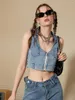 Gilet pour femmes Wsevypo rétro Summer Blue Denim For Women Fashion Sans manches Col de remin-down zipped Cropped Tops Tops Street