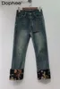 Jeans femininos 2024 Autumn vintage bordado colorido emendas finas mulheres retas de algodão solto calça de cigarro longas calças longas