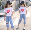 Abiti da ragazza set vestiti estivi per ragazza a maniche corte heart + jeans strappato cortometraggi dimensioni 6 8 10 12 anni6079261