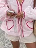 女性用ブラウスシャツ格子縞の弓のレースアップハートポケット女性シャツルーズパフslve女性ブラウス2024春夏カジュアルシックレディーストートウェアT240412