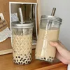 650ml Boba Milk Tea Glass Water Cup With Straw Lid Large Capacity Clear Heat Resistance Glass Coffee Bubble Juice Cold Drink Cup