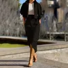 Elegant Lapel Collar Office Outfit Women Casual Long Sleeve Jacket Laceup Skirt Suit Fashion Pocket Solid Loose Two Piece Set 240326