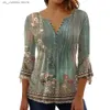 Kadınlar bluz gömlekleri baskılama pilili tunik gömlek V yaka 3/4 SLVE düğmeleri Yarım plaket gevşek etek kadın tişört yaz çiçek t240412