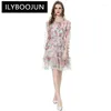 Casual Dresses ILYBOOJUN Fashion Women's Vintage Mesh Stand-Up Collar Long-Sleeved Tiered Flounced Edge Hollow Out Short Gown Mini Dress