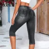 Women's Jeans XURU - European And American Elastic Waist Drawstring For Women High Perforated Capris 1-2365