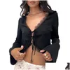 Chemises pour femmes chemises pour femmes recadrage à manches longues tops en dentelle Trime à cils à cravate avant cardigan décontracté pour club streetwear caillot esthétique dhzor