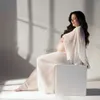 Kraamjurken Witte chiffon kraamfotografie Props kleden sexy transparante tule uit schouderjurk voor fotoshoot zwangere vrouwen 240413