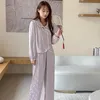 Home Vêtements Femmes Jacquard Satin 2pcs Pajamas Set Summer Long Manche à manches Pantalon Pijamas Suit Sleepwear Female Wear