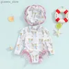Endelar 0-24m Baby Girl Rash Guard Swimsuit Långärmad blommig/istryck baddräkt Spädbarn Badkläder med Sun Hat Y240412
