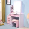 Vente chaude meubles de maison Femmes Nouveau modèle Elegant Rose Rectangle Mirror Dresher Table pour chambre à coucher avec tabouret bas