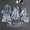 Seksowna piżama piżama 5 -częściowy zestaw kobiet koronkowy wykończenie satynowe twórczość piżamowa piżama letnie spodnie nocne spodnie swobodny dom do noszenia szaty kimono solid y l410