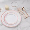 Wegwerpbedrijf 300 stks Plastic set (50 gasten) Roségouden borden voor feestjubileum voor feestjes inclusief diner