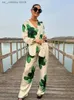 Women's Two Piece Pants Printed Women 2 Piece Set Loose Lapel Single Breasted Shirts High Waist Wide Leg Trousers 2024 Spring Summer Lady Pants Sets New 1 T240415