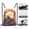 Sunset de mochila com moto palmeiras árvores portáteis Pacote de bolsa de gola de gola de tração para homem Man Woman