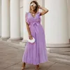 Casual Dresses Summer Leaf Sleeve Chiffon Dress Beach Belt Slim Sexy V Neck Pleated Solid Color Long Womens