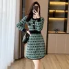 Casual Dresses Vintage Printed Knitted Sweater Dress Women Long Sleeve Buttons Slim Short A-line Female Sexy Office Mini