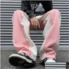 Mens Jeans Pink American High Street European And Pants Design Sense Splicing Loose Wide Leg For Men Drop Delivery Apparel Clothing Dhknv