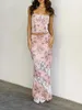ワークドレス女性夏のスカート衣装花柄のレーストリムタイプキャミトップハイスリットロング2ピース服セット