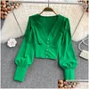 Womens Blouses Shirts Korean Fashion Blouse Women V-Neck Chiffon Lantern Sleeve Tops Female Single Breasted Autum Blusa Mujer Drop Del Dhzqt