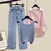 Frauen im Sommer Herbst Denimhose Matching Set Korean Elegant Spleiß gestreiftes Hemd investwide Beinjeans 3 -teilige Anzug 240412