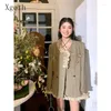 Work Dresses Xgoth Skirt Set Wooden Ear V-neck Patchwork Long Sleeve Plaid Coats Tops Young Ladies A-line Skirts Korean Style Two-piece Suit
