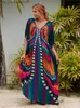 Grundläggande casual klänningar 2023 mångfärgad kaftan bohemisk tryckt V-ringning batwing slve maxi klänning för kvinnor sommarstrandkläder klänningar robe Q1342 T240412