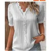 Bloups feminina camisas de blusa elegante e elegante camisa sólida renda 2023 Summer moda Hollow Hollover de manga curta Top Office Lady Shirt S-5xl 240411