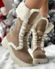 Boots Women's Fuzzy Lined Lace-up Chunky Heel Ankle Platform Winter Snow Flock Fur Mid-Calf Wedges Women Warm