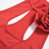 Casual Dresses 2024 Summer Red Hollow 3D Flower Peatched Patchwork Ruffles Women's Fashion Sexy Open Back Sleeveless Mini Dress Club Outfits