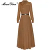 Vestidos casuais moaayina designer de moda de primavera cinza vestido plissado vintage lanterna feminina bordado de bordado alta cintura alta longa longa