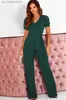 Basis Casual jurken Elegante dames jumpsuits 2024 Zomer veter taille vaste v-hals korte slev brede been broek vrouwelijke forens kantoor plus size t240412