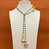 Pendant Necklaces GG Jewelry 46" Natural Cultured White Coin Pearl Green Crystal Paved Brushed Bead Long Sweater Chain Necklace