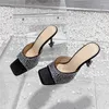 Slippare Summer Square Toe Real Leather Crystal High Heel Women Fashion Sexy Thin Party Ladies Stiletto 2024