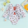 One-Pieces 6M-4T Toddler Girl Rash Guard Swimsuit Jumpsuit Long Sleeved Floral Print Knot Front Hollowed Out Baby Swimsuit Y240412