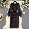 Casual Dresses Luxury Fashion Diamonds Feather Party Dress Female Elegant Long Sleeve Chic Midi Vestido Summer Simple Women kläder