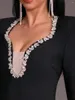 Casual Dresses Ailigou 2024 Women's Black Sexy V-neck Diamond Mesh Long Sleeve Tight Bandage Dress Elegant Celebrity Party
