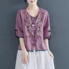 Summer Women Vintage Ethnic Style Embroidery Cotton Linen Button Shirts Female Casual V Neck Half Sleeve Loose Blouse Ropa Mujer 240412