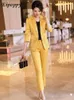 Women's Two Piece Pants Women Formal Blazer Pant Suit Yellow White Black 2 Set Female Half Sleeve Jacket And Trouser For Office Ladies