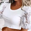 Women's Blouses Women Chic Solid Round Neck Short Sleeves Lace Patchwork Bodycon Sexy White Blouse Tops