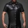 Men's Casual Shirts Chest Pocket Decoration Shirt Stylish Faux Leather Performance With Turn-down Collar For Nightclub