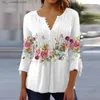 Kadınlar bluz gömlekleri baskılama pilili tunik gömlek V yaka 3/4 SLVE düğmeleri Yarım plaket gevşek etek kadın tişört yaz çiçek t240412