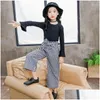 Clothing Sets Girl Clothes Set Children Flared Long Sleeve Solid Black T-Shirt Plaid Wide Leg Pants Suits 2Pcs Outfits Kids Drop Deliv Otnp3